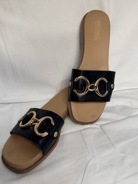 Michael Shannon Black Leather Slide Sandals with Gold Hardware size 9